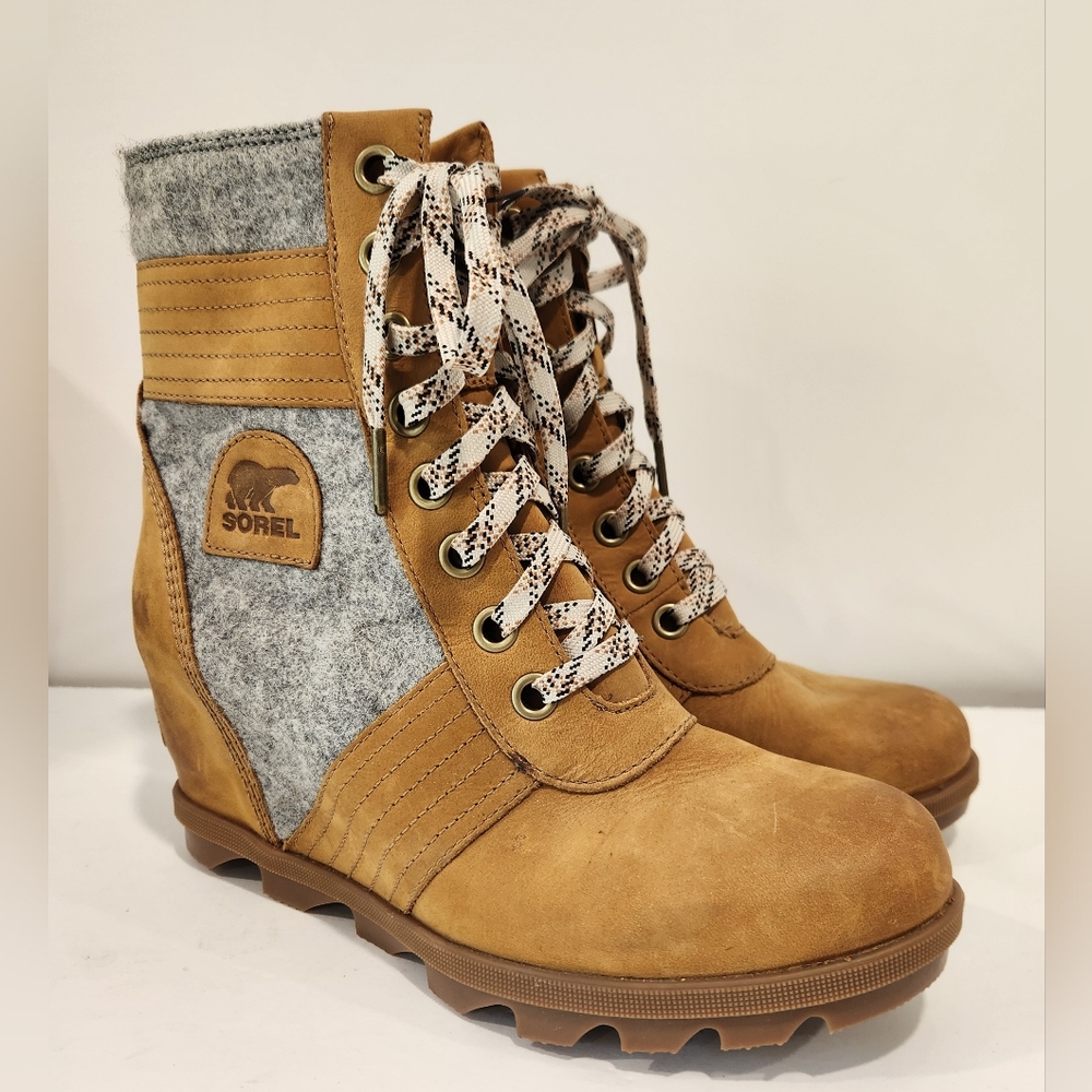 New Sorel Lexie Booties Leather Wool Arctic Wedge US 10 Ankle Boot Camel Brown